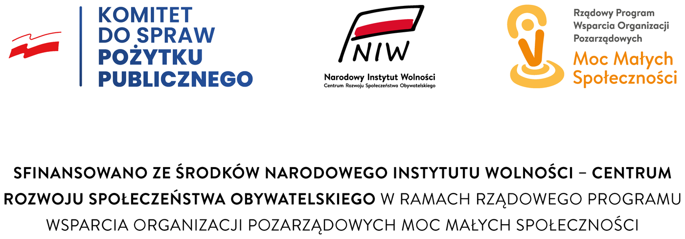 Logotypy: Komitet do spraw Pożytku Publicznego, NIW-CRSO, Rządowy Program Wsparcia Organizacji Pozarządowych Moc Małych Społeczności. Sfinansowano ze środków Narodowego Instytutu Wolności – Centrum Rozwoju Społeczeństwa Obywatelskiego w ramach Rządowego Programu Wsparcia Organizacji Pozarządowych Moc Małych Społeczności.